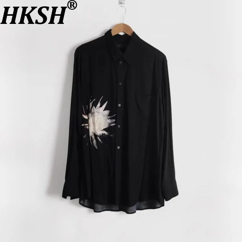 HKSH Spring Autumn New Men Tide Chic Ins Dark Punk Yamamoto Darkwear Light Breathable Flower Print Shirt Fashion Y2K Top HK28562