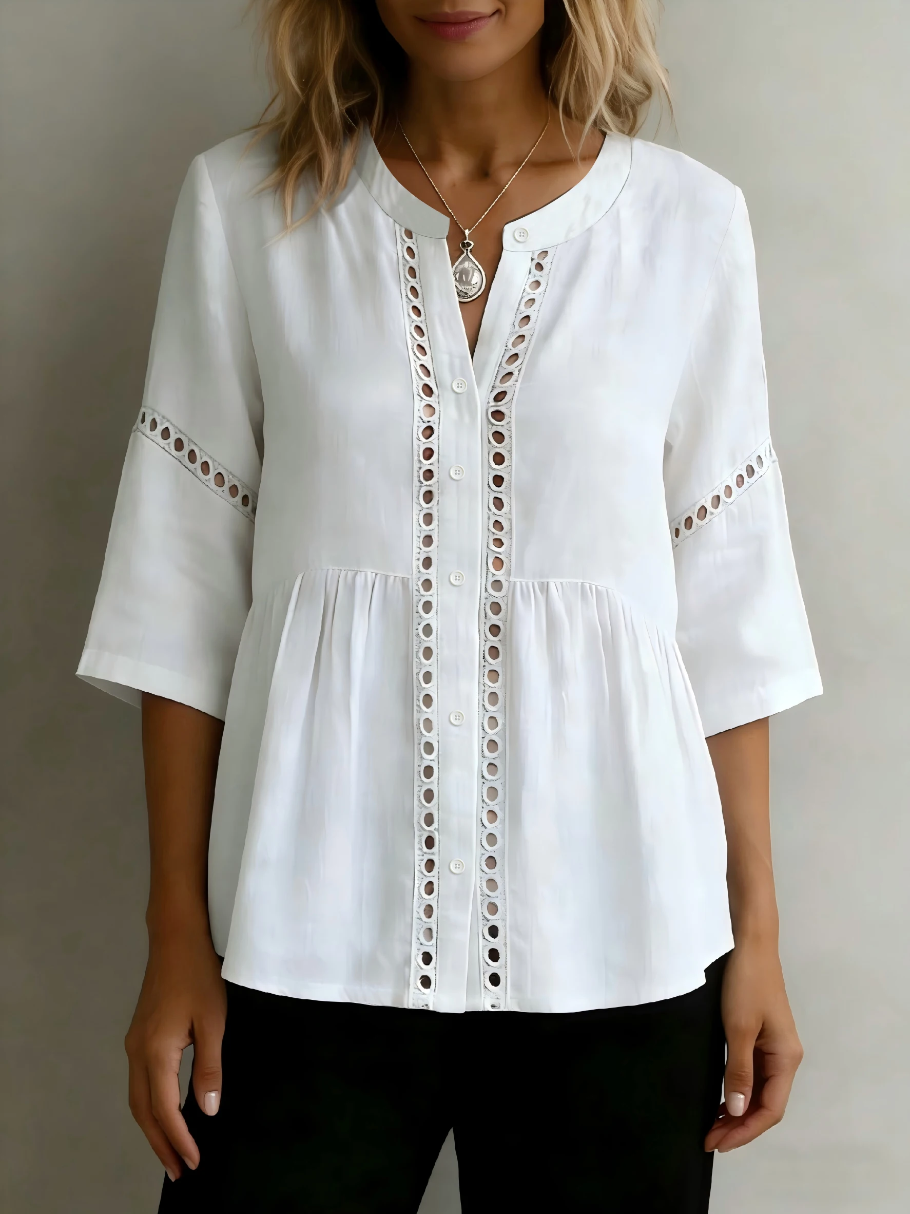 Elegante, lässige Damenbluse mit kurzen Ärmeln – perfekt für den Wochenendurlaub – Detail 2