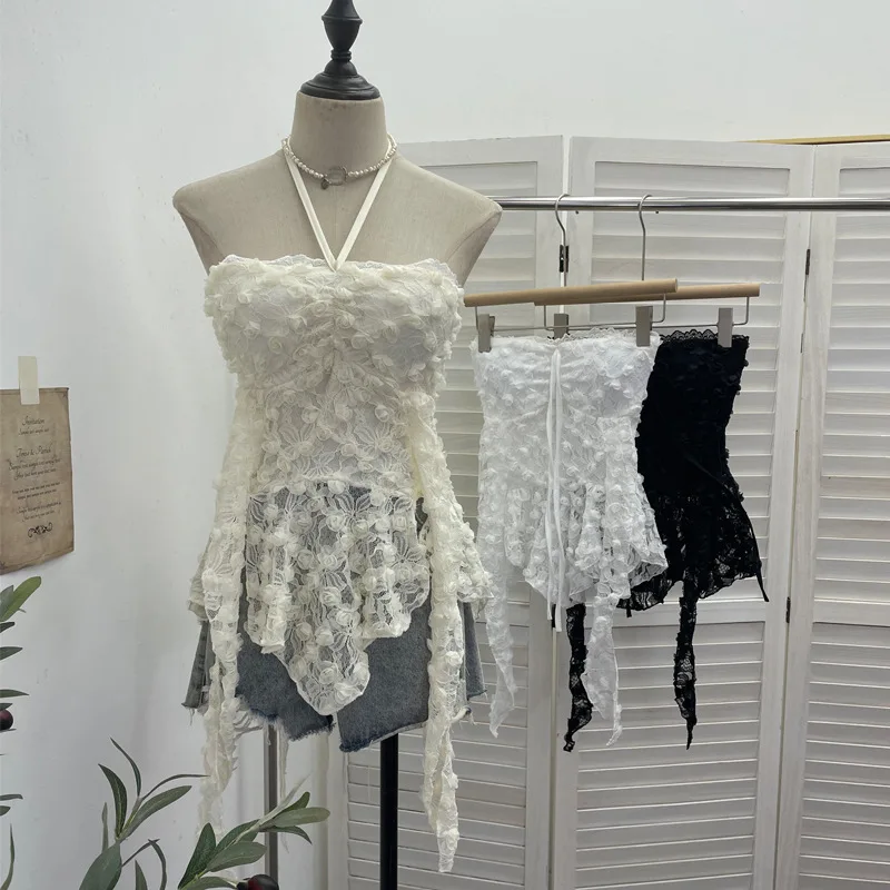 Vintage Tie Strap Halter Neck Sleeveless Top With Built In Bra Lace 3D Floral Design Irregular Ribbon Adorned Y2k T-shirt9330