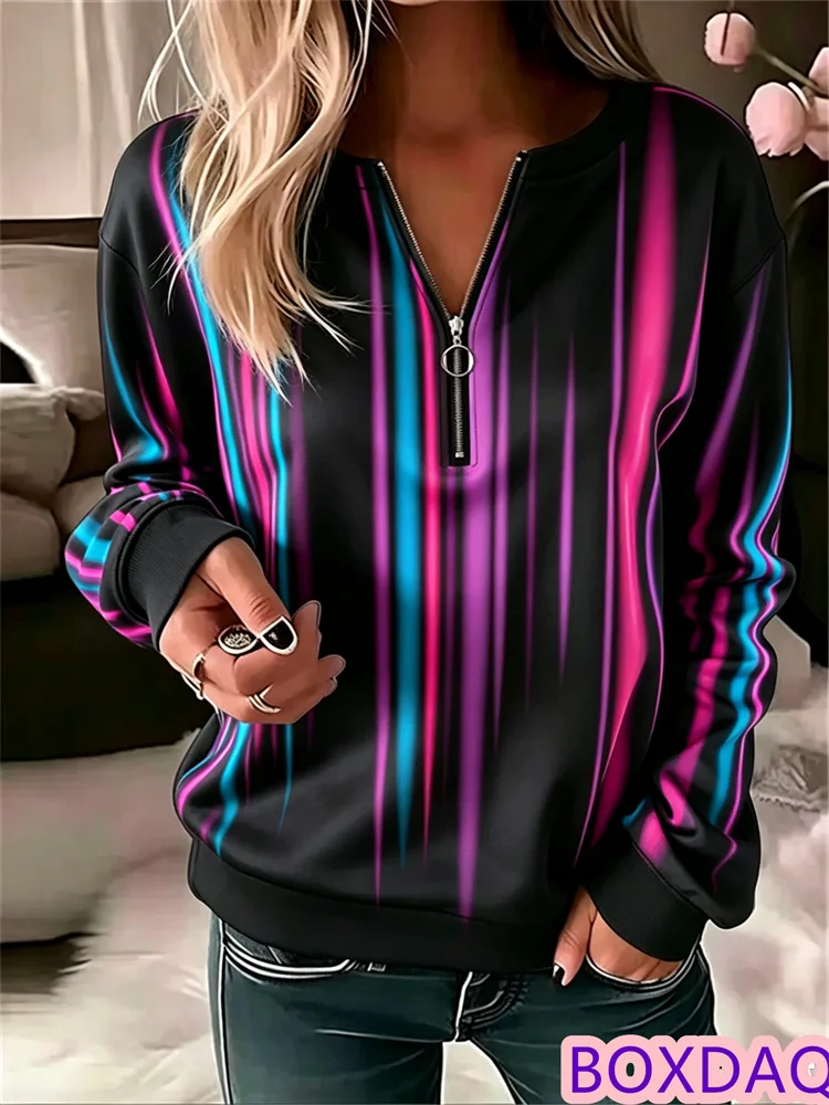 Autumn Winter Women Sweatshirt Pullover Tops Loose V-neck Abstraction Striped Print Long Sleeve Casual Sweatshirt Plus Size 2XL