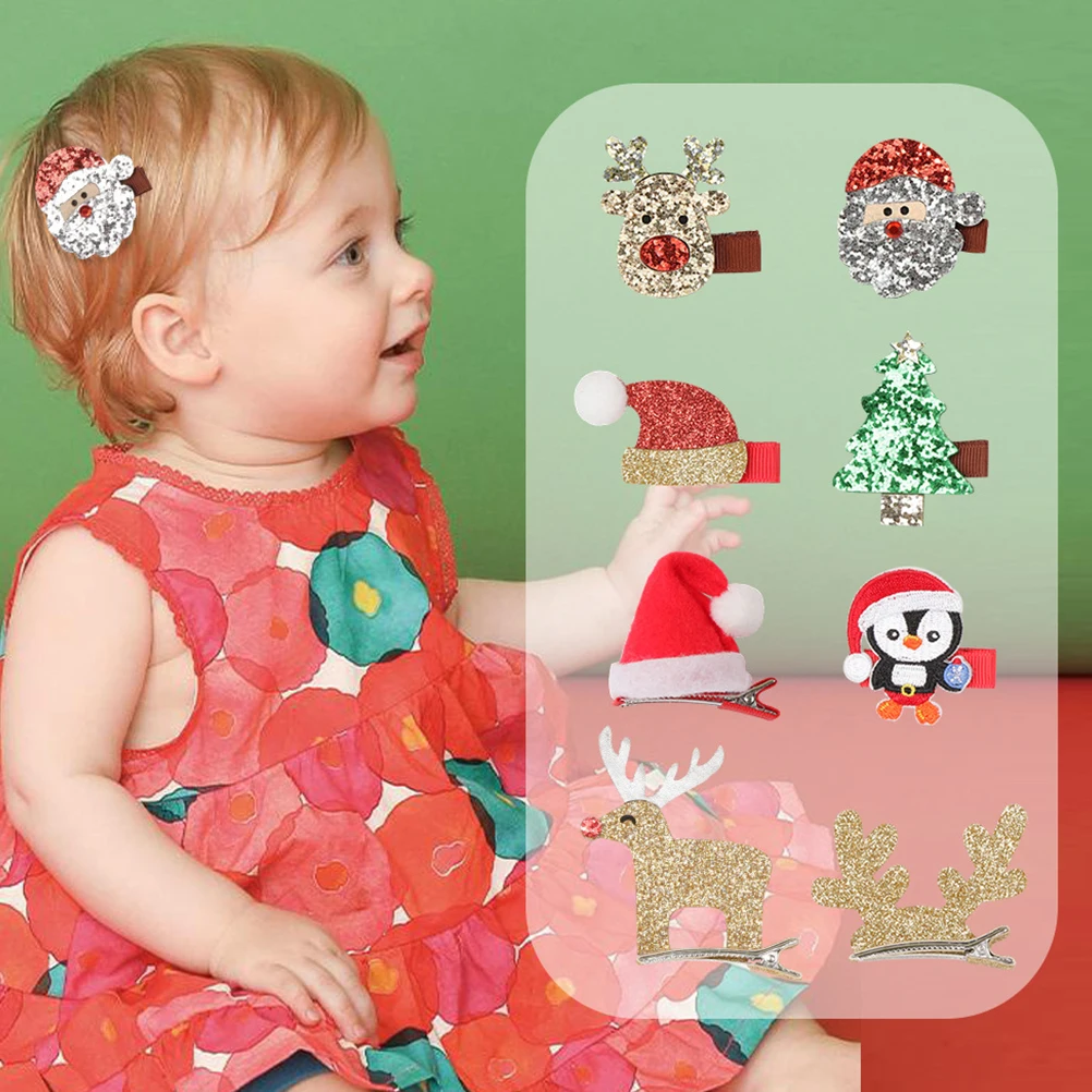 

9pcs Christmas Hair Clips Glitter Barrette Girl Headdress Hairpin Xmas Party Decoration Elk Barrette Festive Design