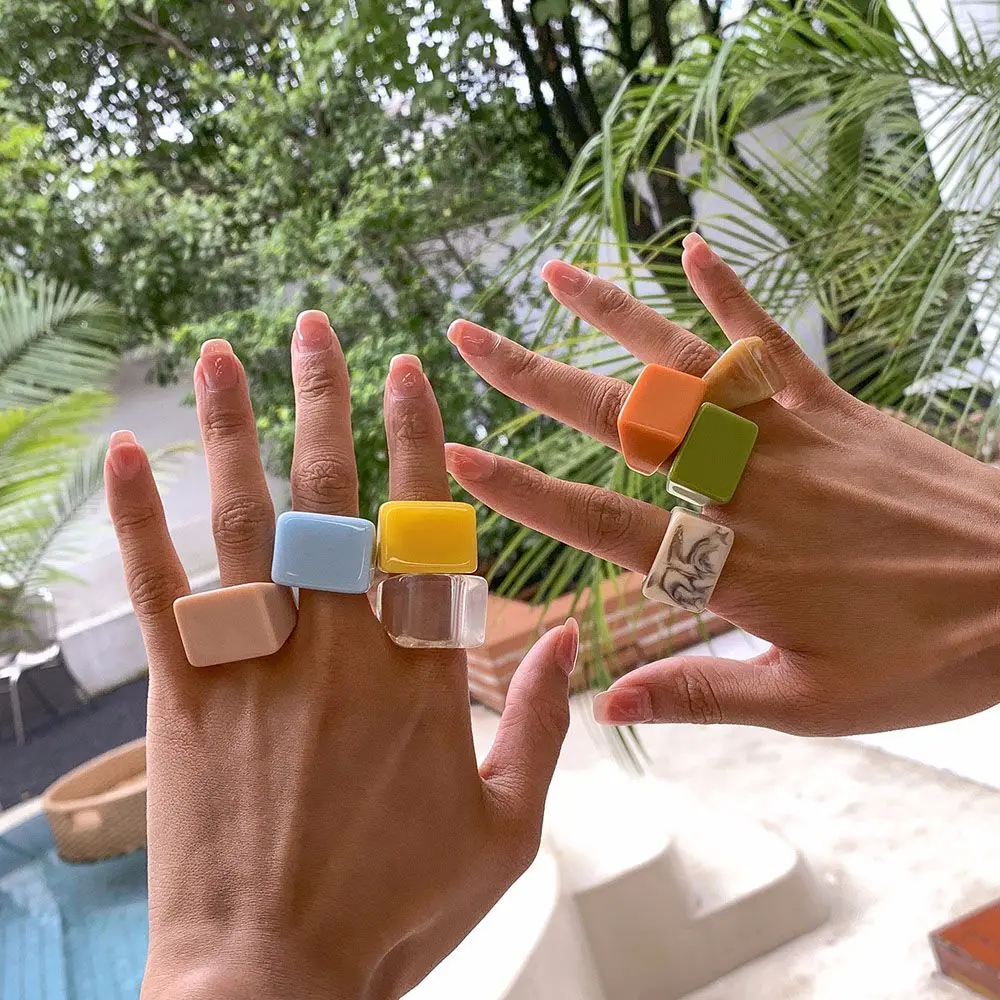 Men Transparent Candy Color Rectangle Square Chunky Marbling Thumb Rings Resin Rings Fashion Jewelry Finger Rings