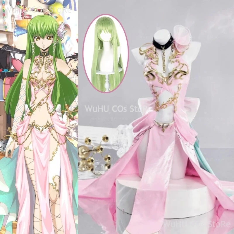 

Anime Code CC Uniform wig Geass Lelouch of The Rebellion Lost Stories Halloween Party Women Girl C.C. Cosplay Costume Pink Dress