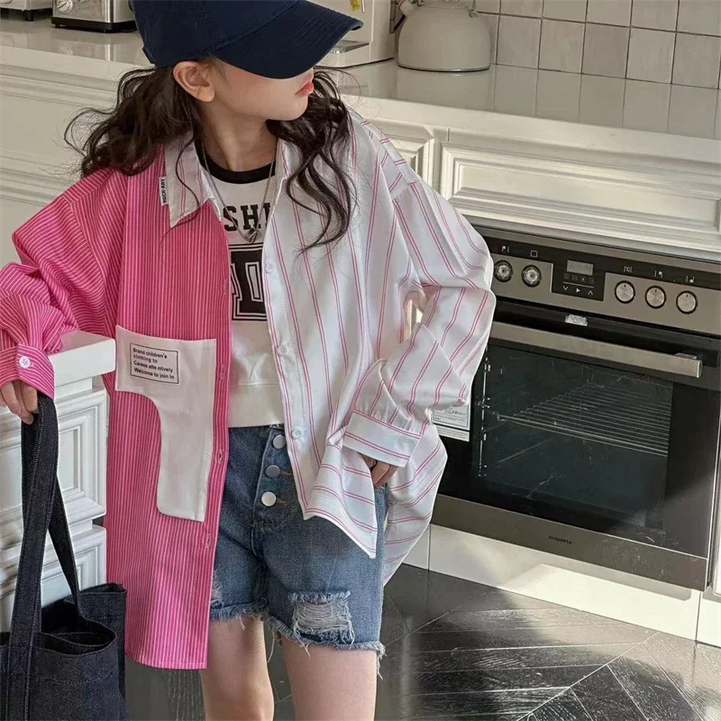 Girl's Outdoor Casual Sun Shirt Summer Kids Shirts Baby Girls Long Sleeve Striped Patchwork Fashion Children's Costume Irregular