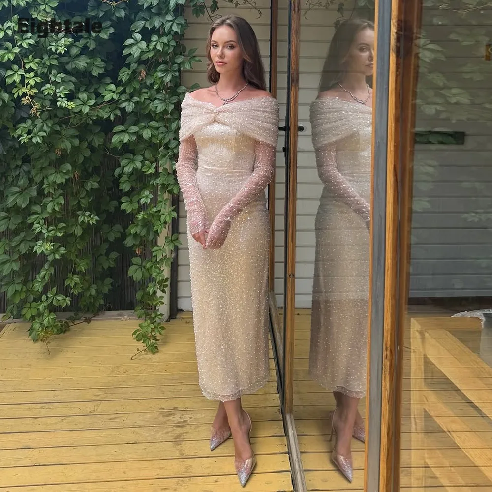 

Eightale Arabic Evening Dress Off the Shoulder Tea Length Sequined Customized Mermaid Prom Wedding Party Gowns