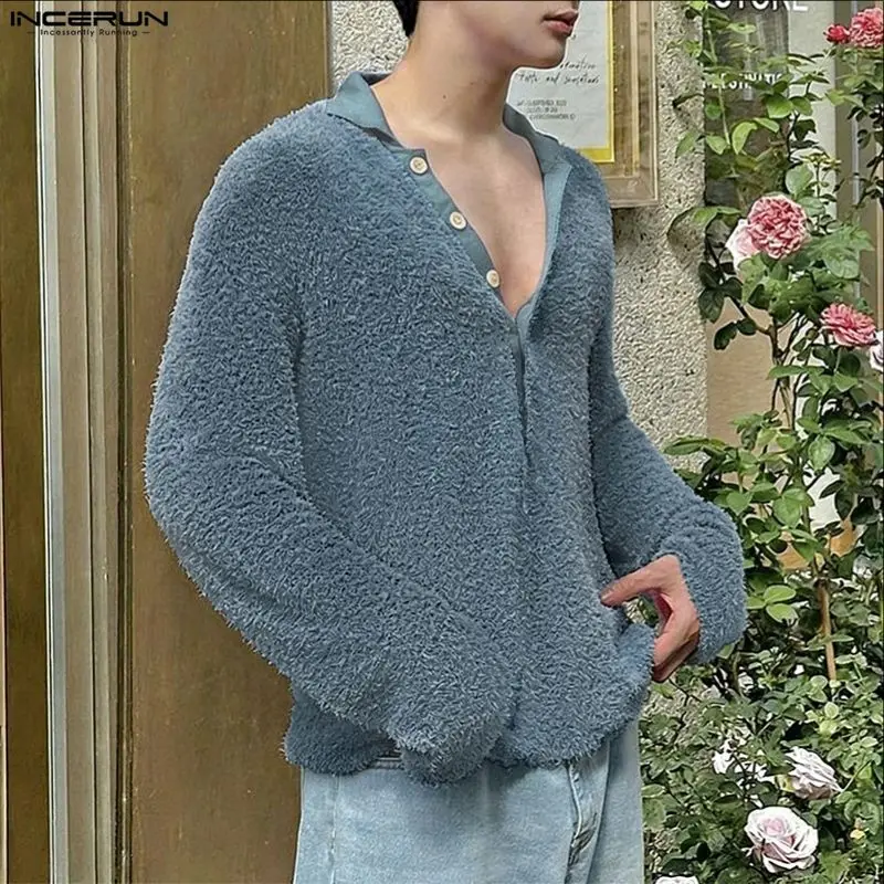 

Men Shirt Plush Patchwork Lapel Long Sleeve Men Clothing Loose 2026 Fashion Streetwear Korean Style Casual Male Tops INCERUN