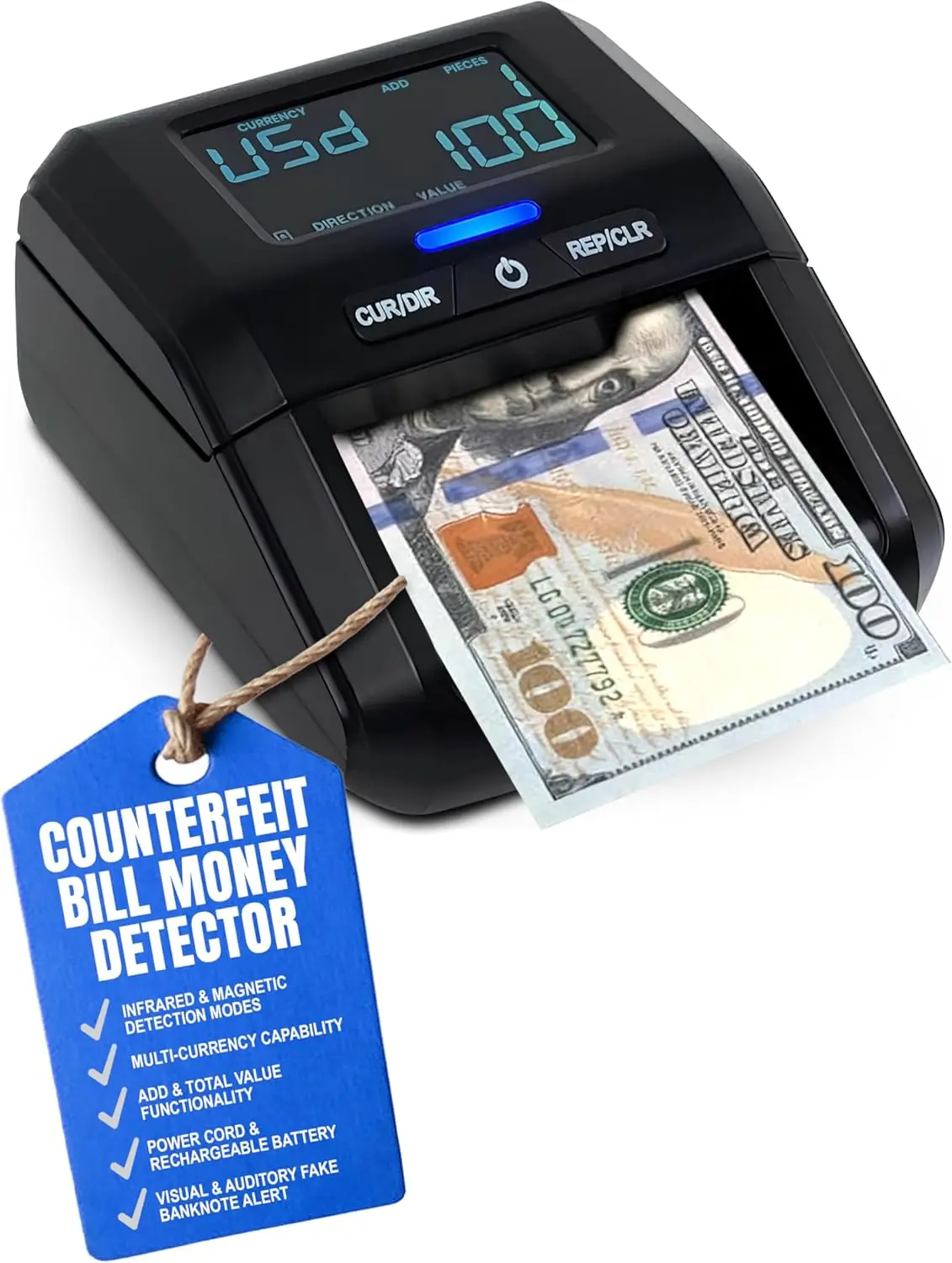 

Portable Counterfeit Money Detector with LCD, Rechargeable Battery, Multi-Currency Detection USD EUR GBP MXN