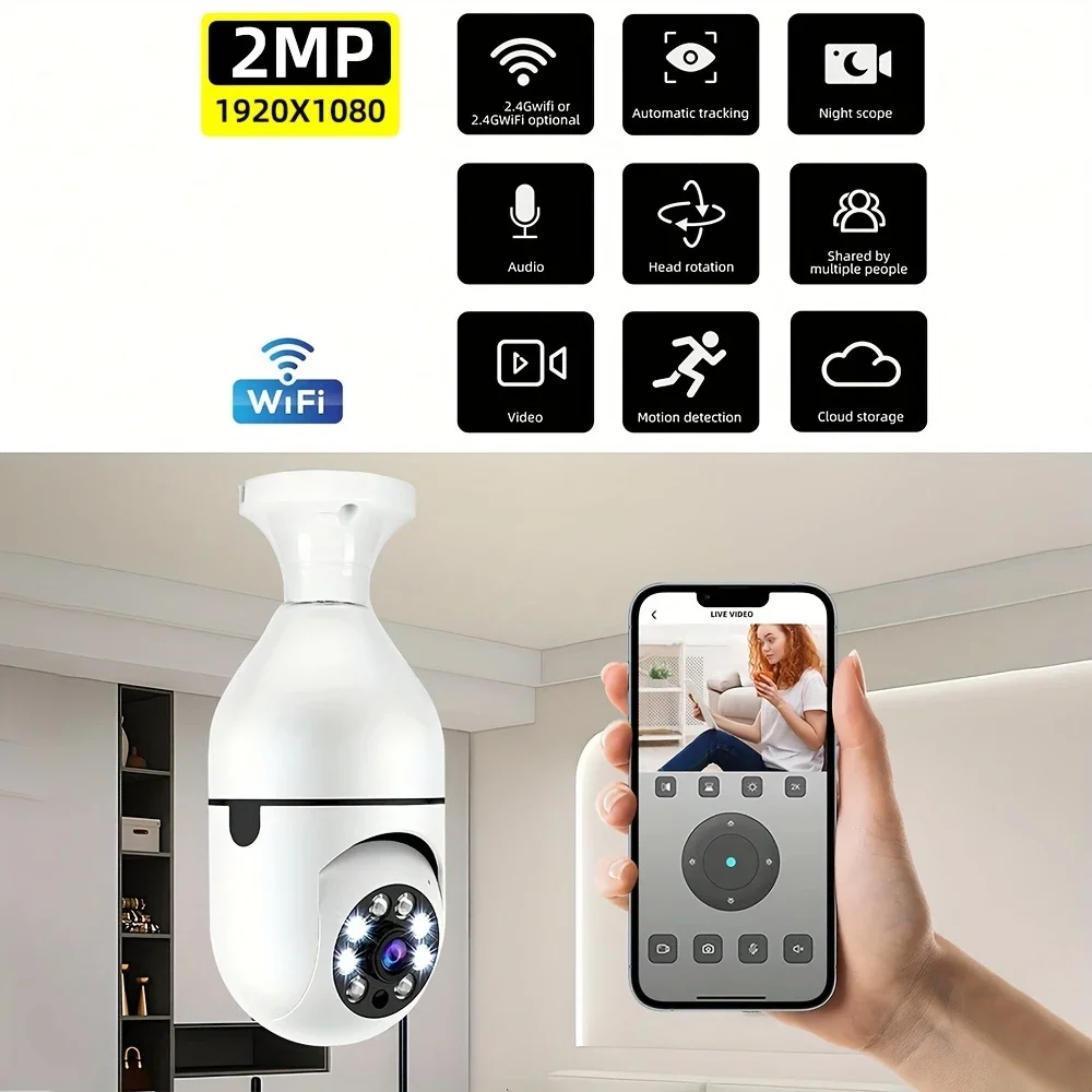 Wireless Light Bulb Security Camera 360°Pan Surveillance 2.4GHz 1080P Motion Detection Alarm Night Vision 2Way Talk Phone Remote