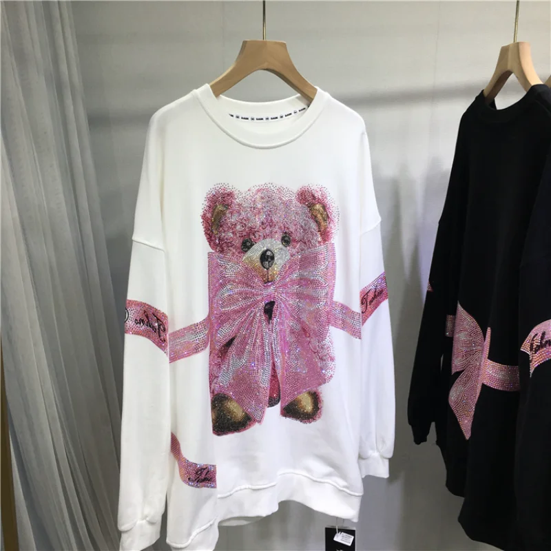 Plus Size Sweatshirt Kawaii Bear Bow Tie Diamonds Stamping Sweet Cute Casual All-match Women\'s Sweatshirt Autumn Winter New Tops