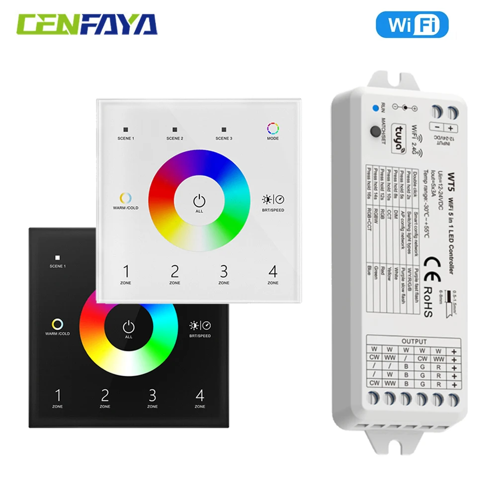 

WT5 WiFi RGB+CCT Light LED Controller 12V 24V RF 4-zone Wall Mounted Touch Remote Tuya Smart Life APP for Alexa Google Assistant