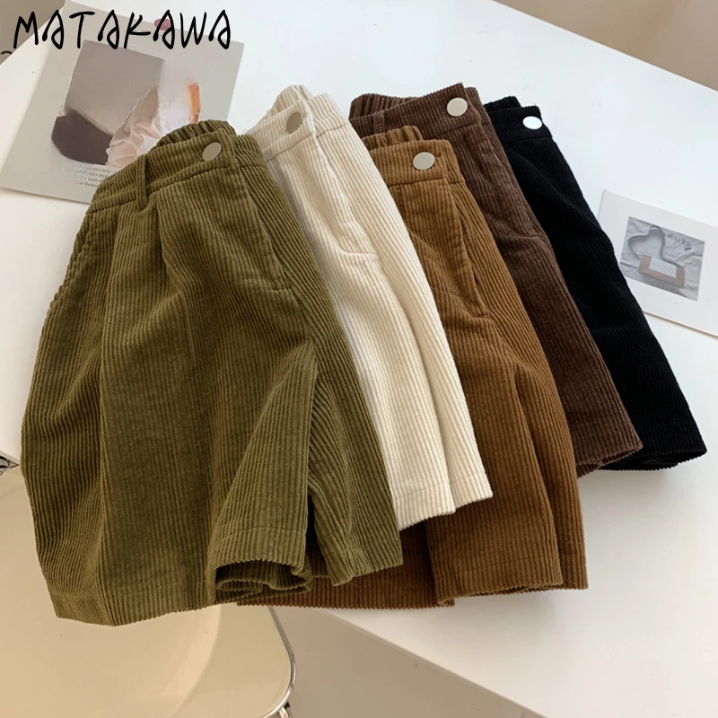 Matakawa Corduroy Shorts Mujer Japanese Style Autumn Winter Solid Women Pants Simple Vintage Loose Fashion Pantalones Cortos