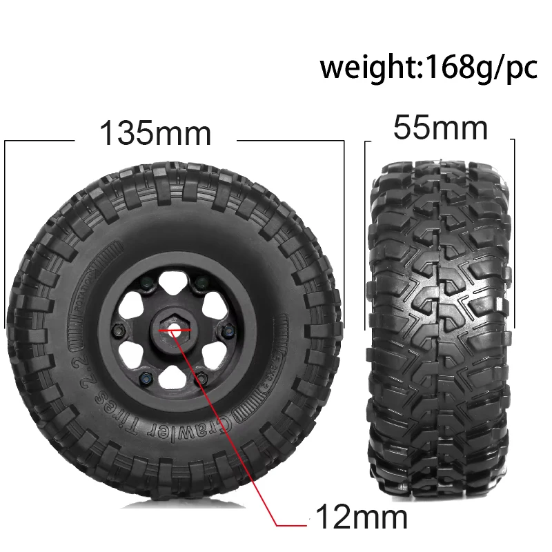 Juego de neumáticos de cubo con cerradura de cuentas de plástico de 4 Uds., 135mm, 2,2 ", adecuado para eje trepador de control remoto 1/10 SCX10 ghost RR10 Capra Traxxas