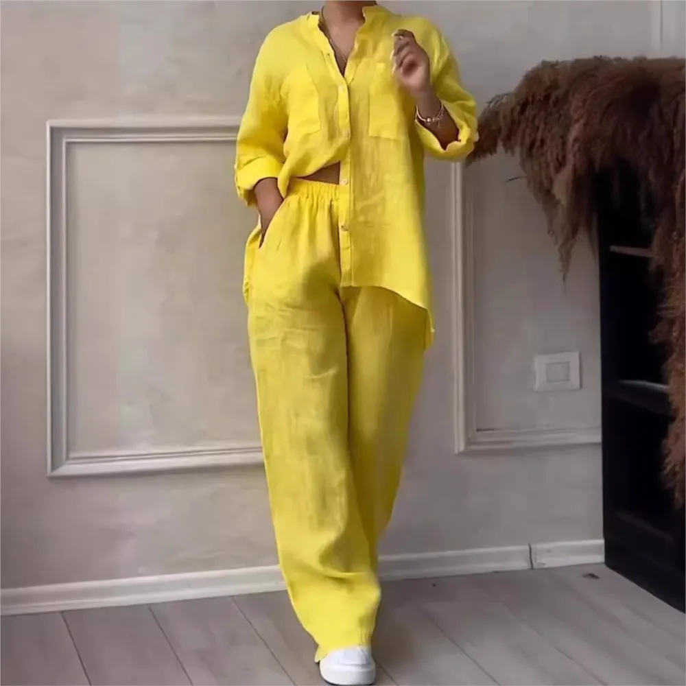 Women Two Piece Sets 2024 Spring Autumn Casual Long Sleeve Pocket Shirts 2 Piece Set Fashion Loose Wide Leg Pants Suit Outfites