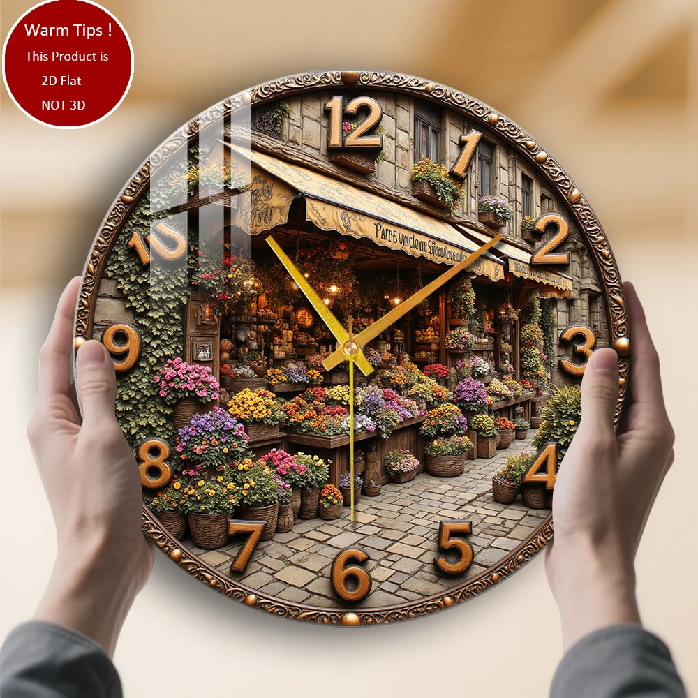 Tempered Glass Wall Clock Parisian Flower Shop Clock Suitable For Wall Decor or Tabletop Display Anywhere