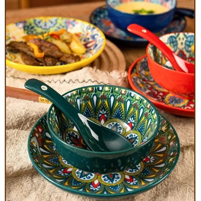 

Ceramic Tableware Set Three-Piece Household Rice Bowl Plate Spoon Set Restaurant Hot Pot Barbecue Shop Commercial