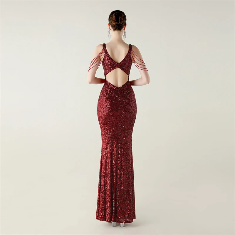 2025 여성 섹시 슬리브리스 O넥 백리스 컷아웃 비딩 스팽글 럭셔리 칵테일 프롬 이브닝 파티 롱 드레스