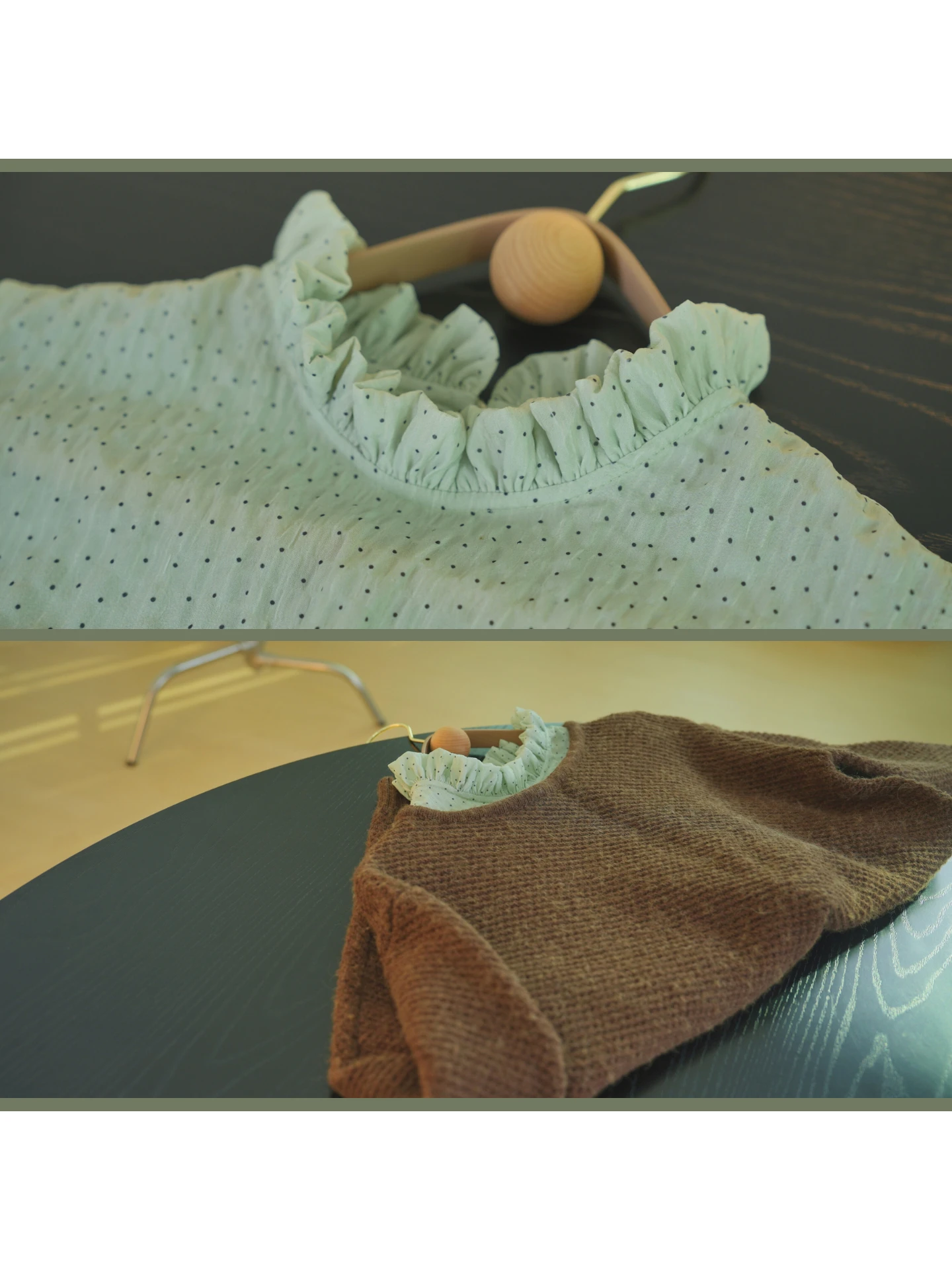 スイートレトロポルカドット、ビーンバブルウッド、装飾襟、フェイクカラー、韓国風、春の季節アクセサリー