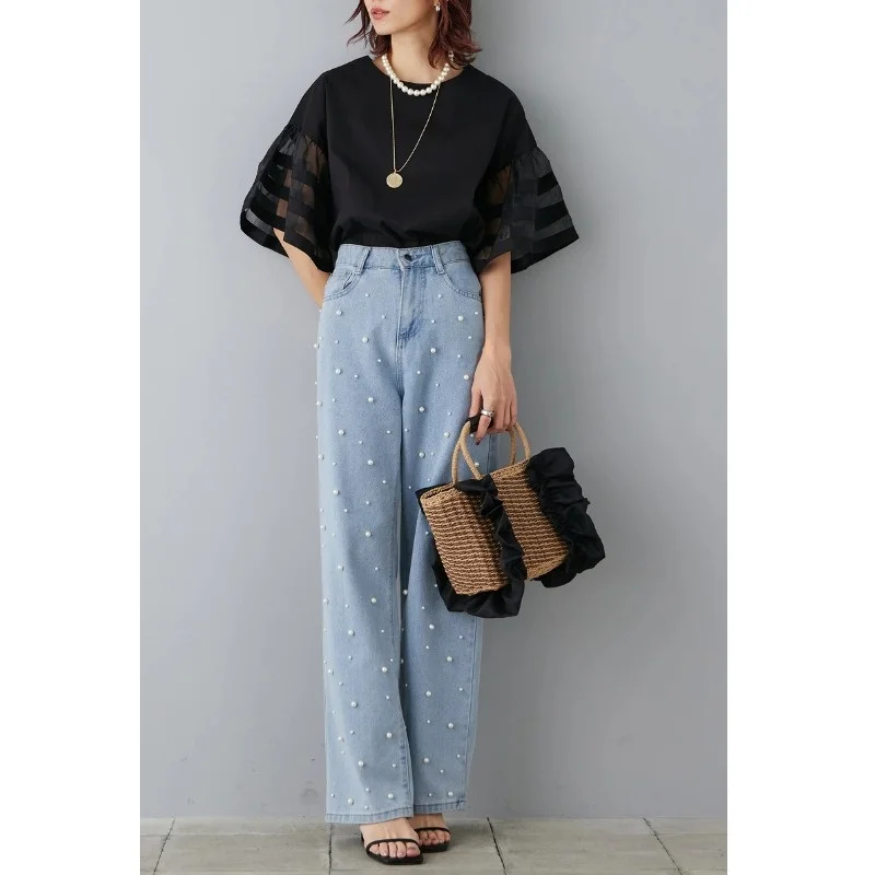 ゆったりとしたレディースファッションセット、フレアスリーブとパッチワークシフォンのトップスとパンツ、9点セット、2024年夏、ラウンドネック半袖