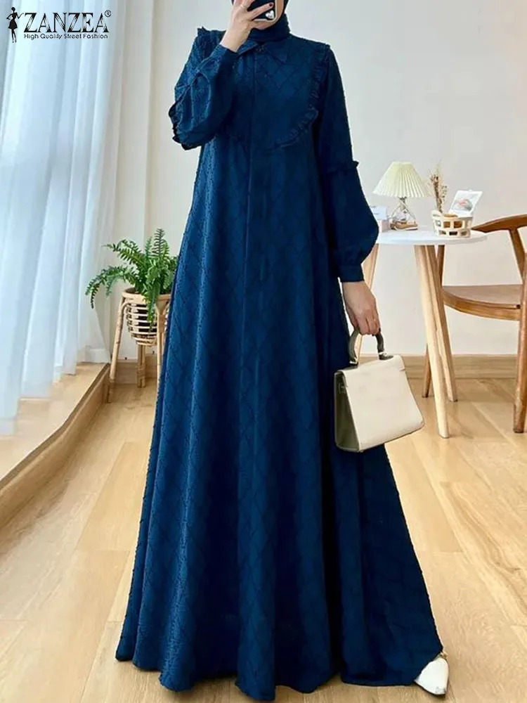 ZANZEA Women Elegant Long Sleeve Muslim Dress Hijab Abaya Robe Femme Bohemain Printed Maxi Long Vestidos Kaftan Islamic Clothing