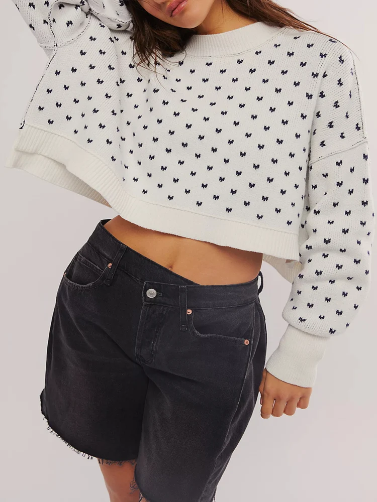 

Новый осенне-зимний жаккардовый свободный женский короткий вязаный свитер с бабочкой и длинными рукавами, повседневные женские пуловеры, толстый теплый джемпер