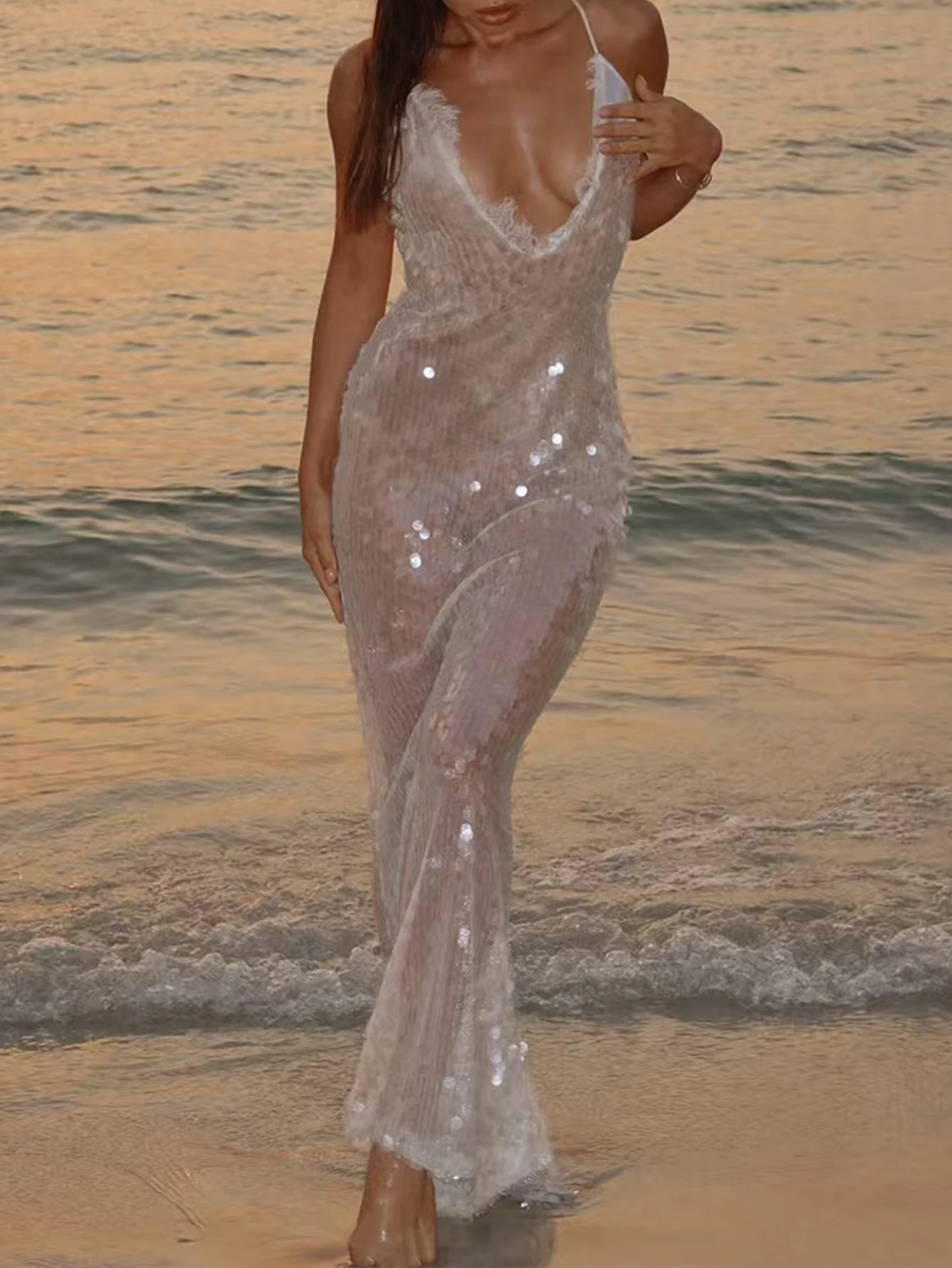 Sexy white backless sequin summer dress women maxi slip beach birthday dress woman elegant party evening long dresses vestidos - view 5