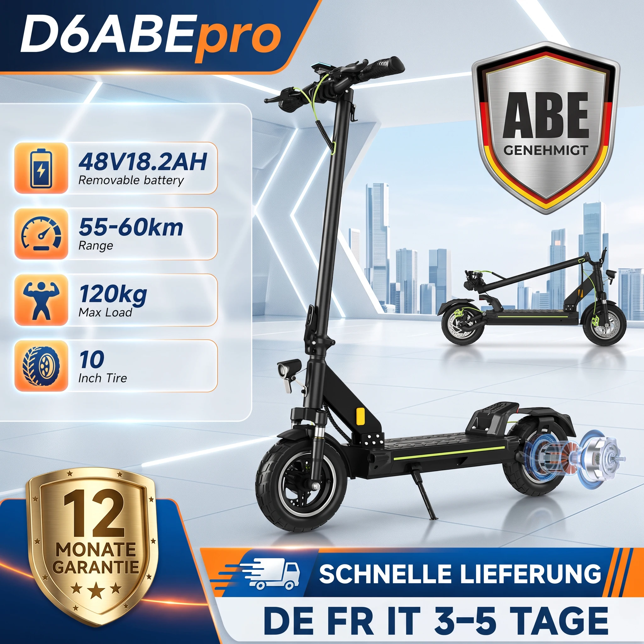 TODIMART D6ABE Pro Klappbarer Elektroroller, ABE genehmigt Elektro Scooter mit herausnehmbarem 48V Akku, 10 Zoll Reifen, 55–60km Reichweite, Vorder- und Hinterradfederung für den Stadtpendelverkehr E