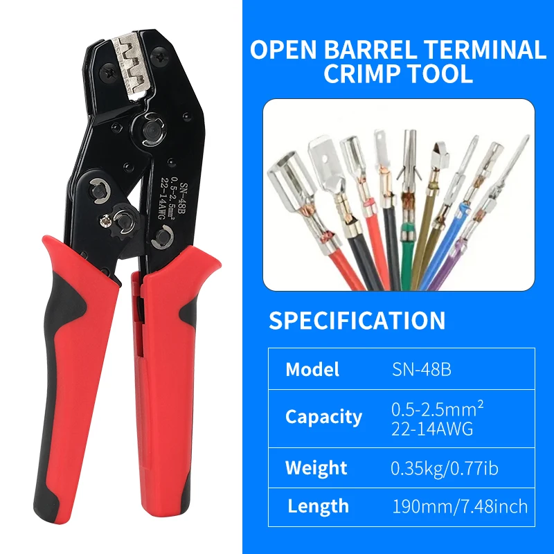 For TAB 2.8/4.8/6.3 Car Terminals SN-48B Crimping Pliers 0.5-2.5mm2/23-13AWG High Precision Jaw Wire Electrical Hand Tools