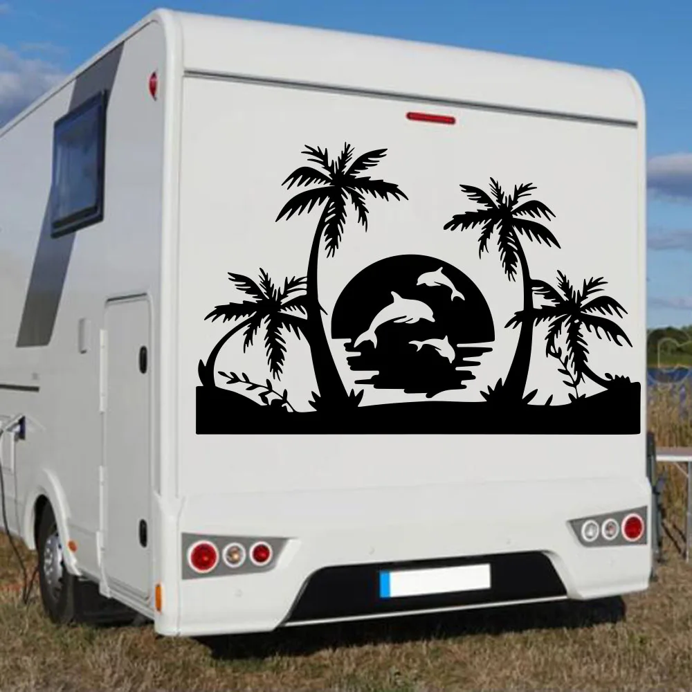 

Large Tropical Palm Trees Dolphin Camping RV Truck Sticker Beach Sunset Nature Motorhome Caravan Car Decal Camper Vinyl Decor