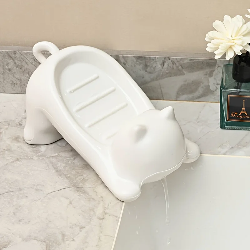 Lovely Cat Style Hollow Drain Soap Holder, Smooth Plastic Soap Container Tray, Multi-Use Bathroom Accessory & Home Ornament