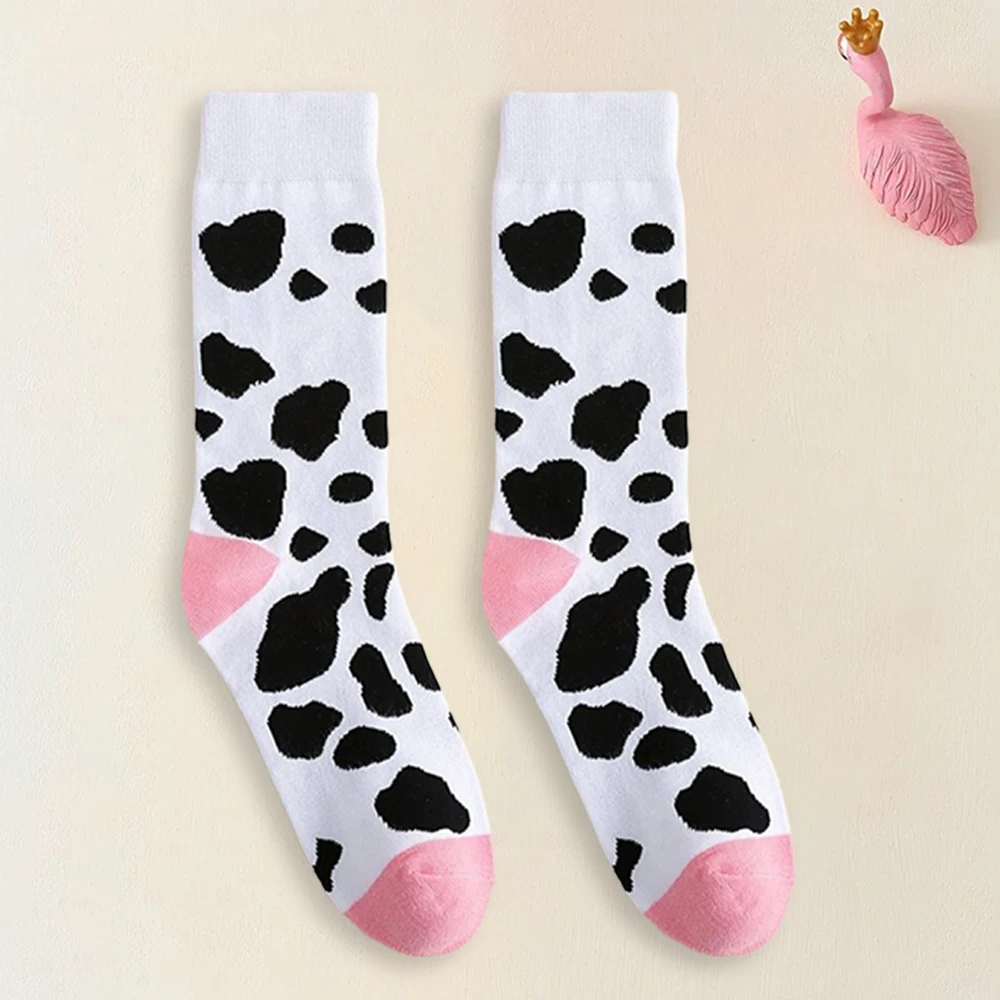 1 Pair Printed Women Mid Tube Socks Cute Cow Design Suitable For Casual Wear Comfortable Soft Moisture Wicking Breathable Socks