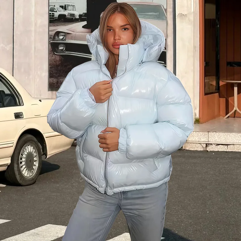 

Fashion Shiny Solid Hooded Quilted Jacket Women Stand Collar Long Sleeve Zipper Pocket Street Warm Coat 2026 Winter Lady Outwear