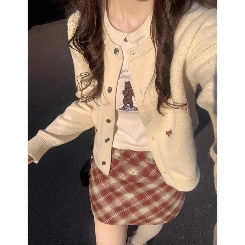 Women Autumn Korean Fashion Embroidered Sweet Knitwear Knitting Cardigan Coat Women Clothes Casual All-match Trend Bow Tops