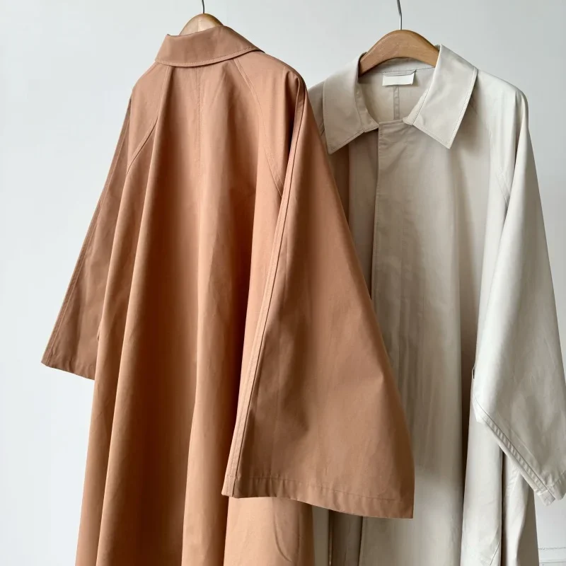 2024 New Early Fall Fashion Washed Cotton Umbrella Shape Wide Sleeve Trench Coat for Women