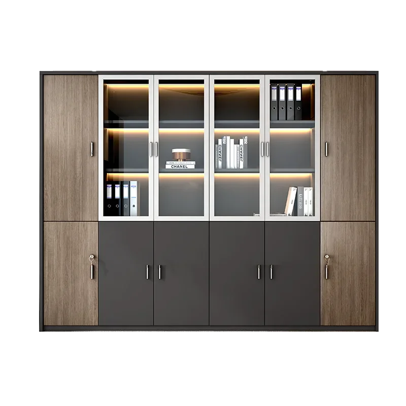 ملف خشبي على خزانة الكتب، ملف من الأرض إلى السقف مع باب زجاجي، مكتب تخزين مع قفل #1