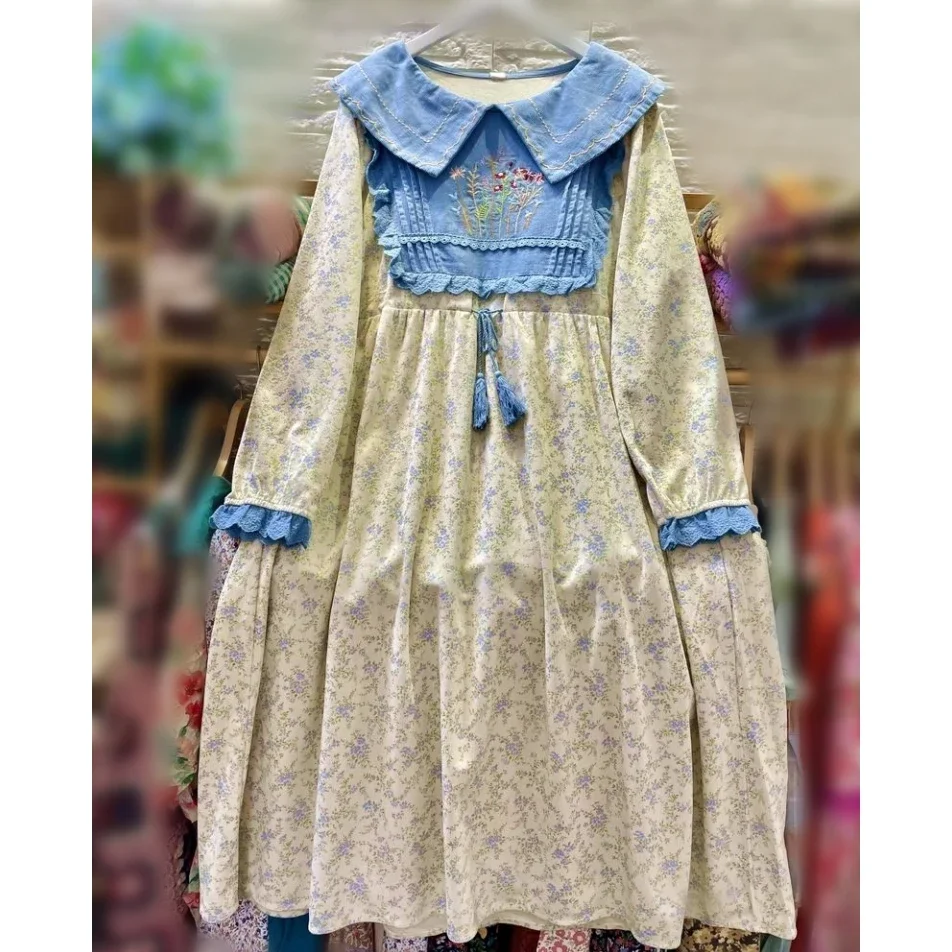 

Vintage Cotton Corduroy Patchwork Pleated Lace Long Sleeve Midi Dress Mori Girl Retro Shabby Chic Cottagecore Tunic Long Dress