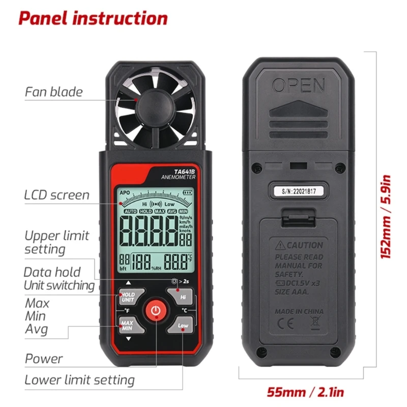 Digital Anemometer Portable Wind Speed Meter Tester Windmeter LCD Backlights Display Temperature Humidity Measuring DropShipping