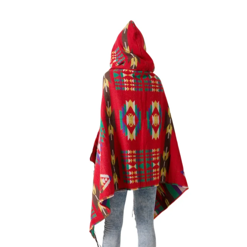 Primavera autunno donna Poncho con cappuccio mantello mantello con frange nappa scialle Wrap maglione stile bohémien scialle sciarpa cappotto