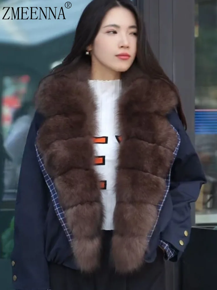 

ZMEENNA женская роскошная куртка с воротником из искусственного меха, темно-синее теплое зимнее пальто с клетчатой подкладкой, верхняя одежда на кнопках ZM4680