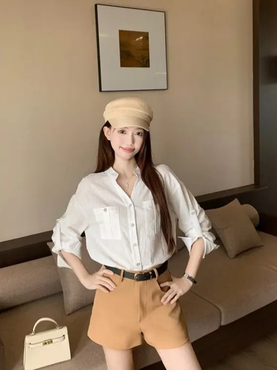 

Linen Cotton Blend Shirt V-Neck Long Sleeve Thin Design Loose Fit Sun Protection Spring Fashion Women's Premium Quality Top