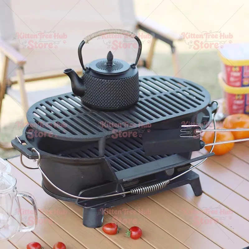 Cast Iron Grill: Uncoated Charcoal Grill with Grill Rack, Thickened Construction, for Simmering Tea Around the Grill