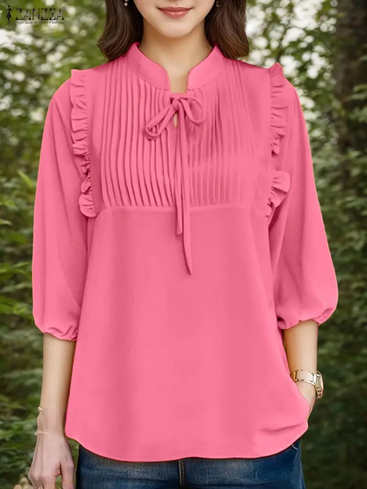 ZANZEA блузка с рукавом 3/4, женская блузка на шнуровке, модные топы с рюшами, мода 2025 года, однотонная туника с v-образным вырезом, повседневный плиссированный пуловер