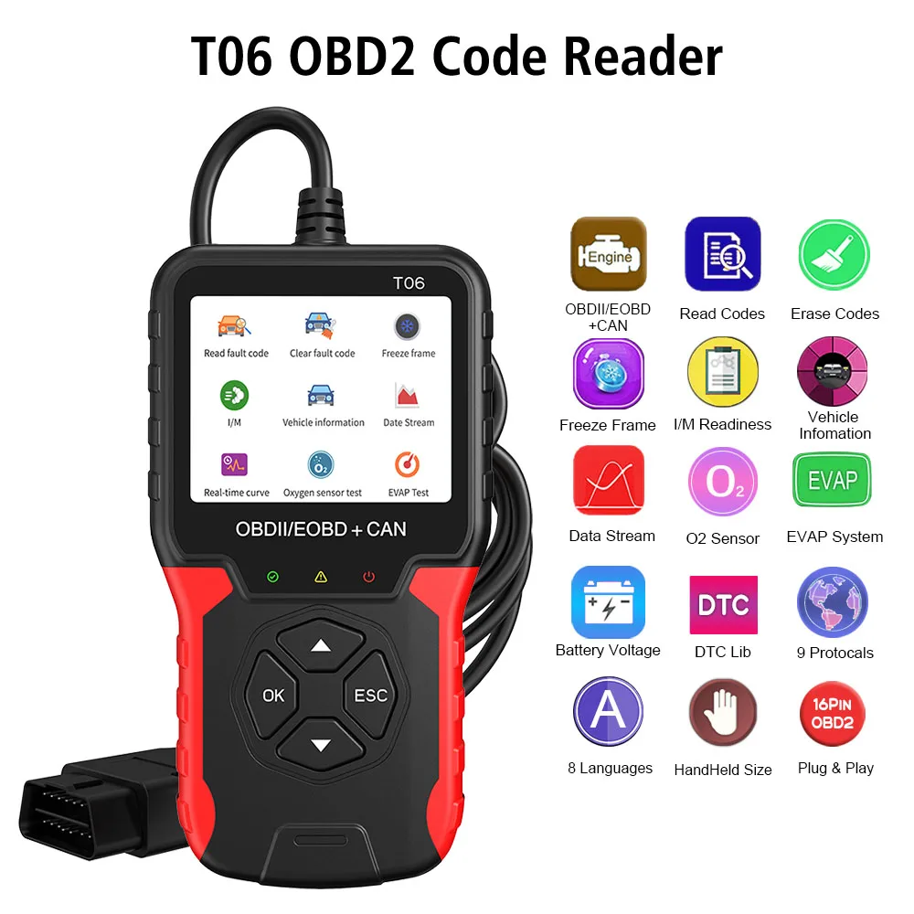 

OBD2 Scanner Multi-language Support Car Diagnostic Tool Auto Accessories T06 Battery Tester Code Reader Check Engine System