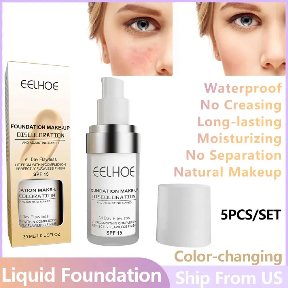 5pcs/set Color-Changing Liquid Foundation Brightens Skin Tone Moisture No Creasing No Separation Oil-free Lightweight Makeup