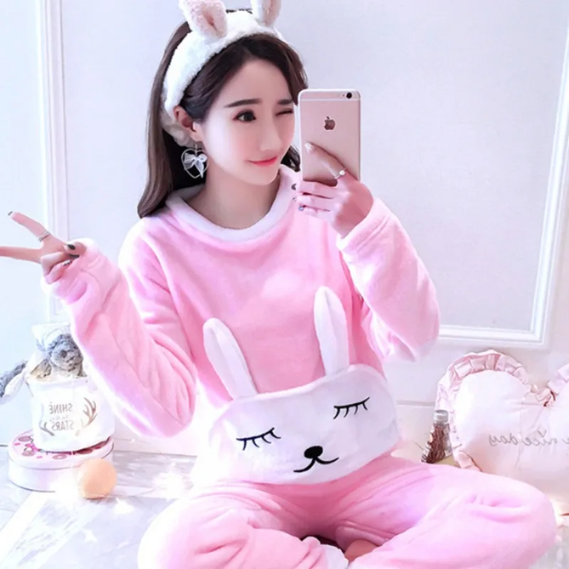 Thickened Warm Flannel Women Pajamas Loungewear Striped Top and Trousers Sleepwear Homewear Cartoon Rabbit Panda Nightwear