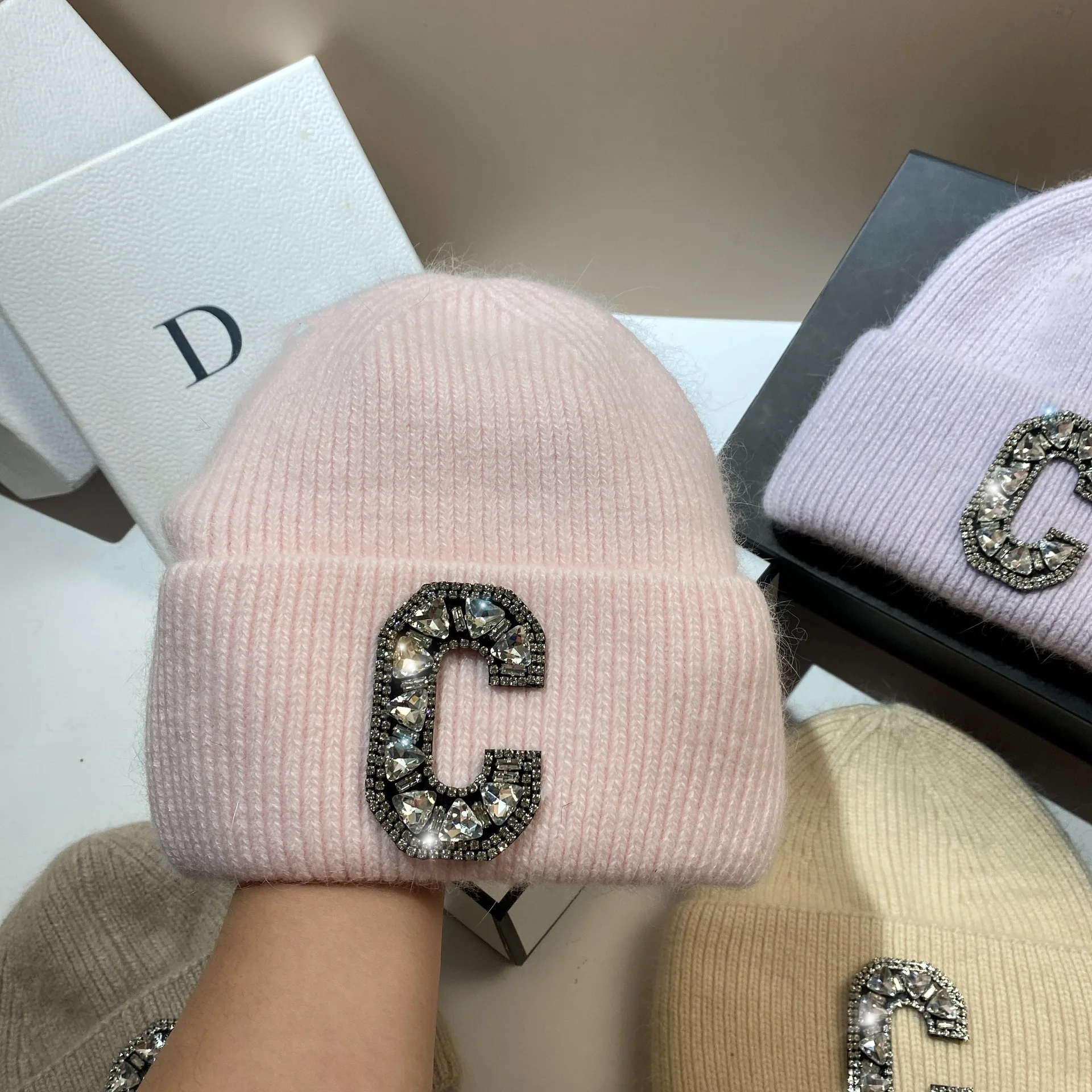 Luxury Rhinestone Letter C Knitted Hat Real Rabbit Fur Women Men Winter Warm Beanie Ear Protection Sking Skullies Beanies Cap