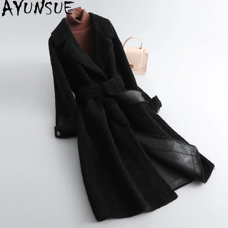 AYUNSUE Women's Winter Coats Ladies Sheep Shearling Coat Mid-length Wool Fur Coat Warm Female Clothing Suede Liner Fur Jacket Lq