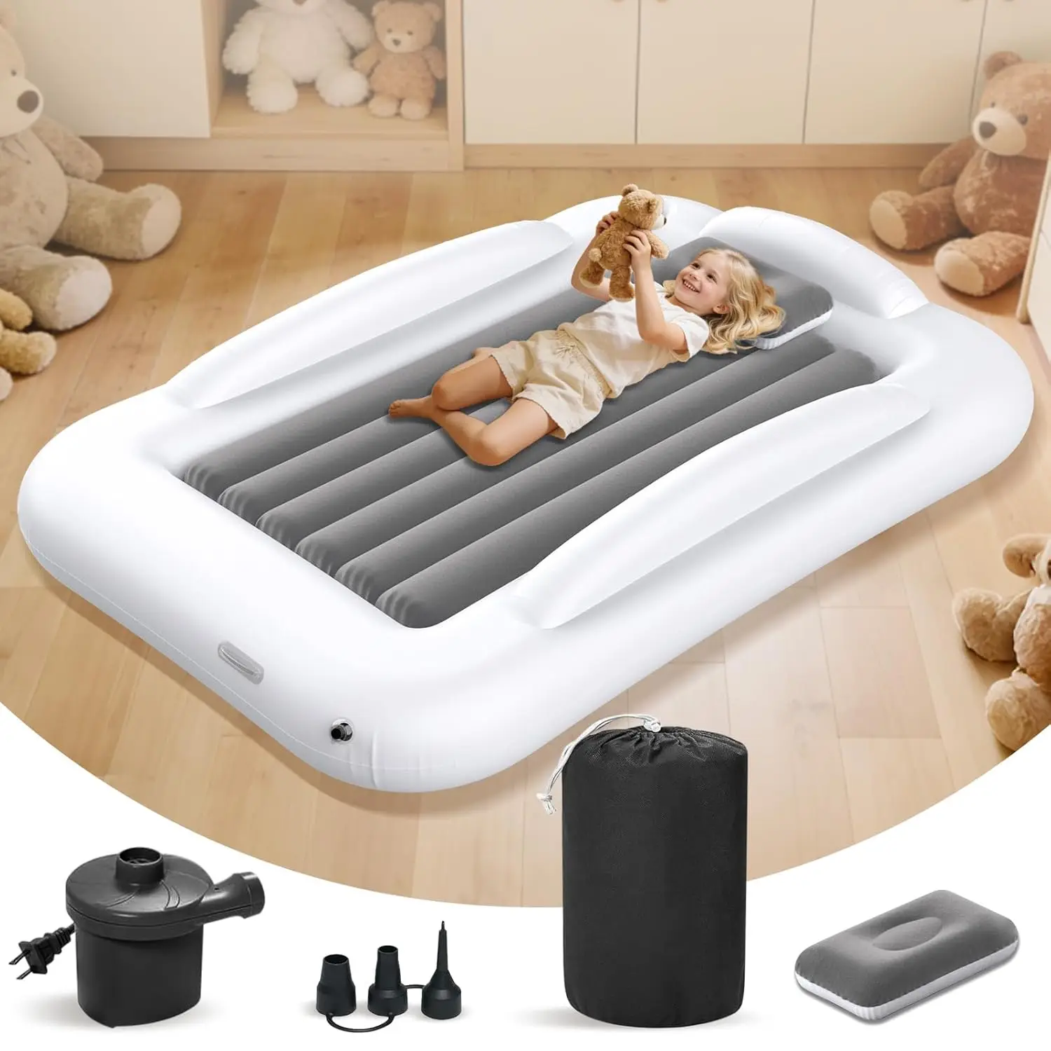 

Надувная детская кровать для путешествий - портативный комфортный надувной матрас с 3-мя защитными бортиками - надувная кровать для кемпинга и путешествий (5)