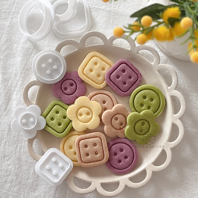 3Pcs/Set Button Shapes Biscuit Mold Flower Round Square Shape Cookie Cutter 3D Hand Pressure Fondant Cake Decorator Sugar Craft