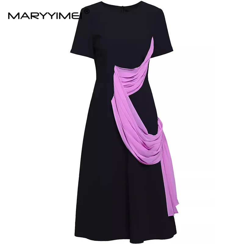 

MARYYIMEI Fashion Spring Summer Women's Dress Short sleeve Pleats Ribbon Patchwork Black Dresses