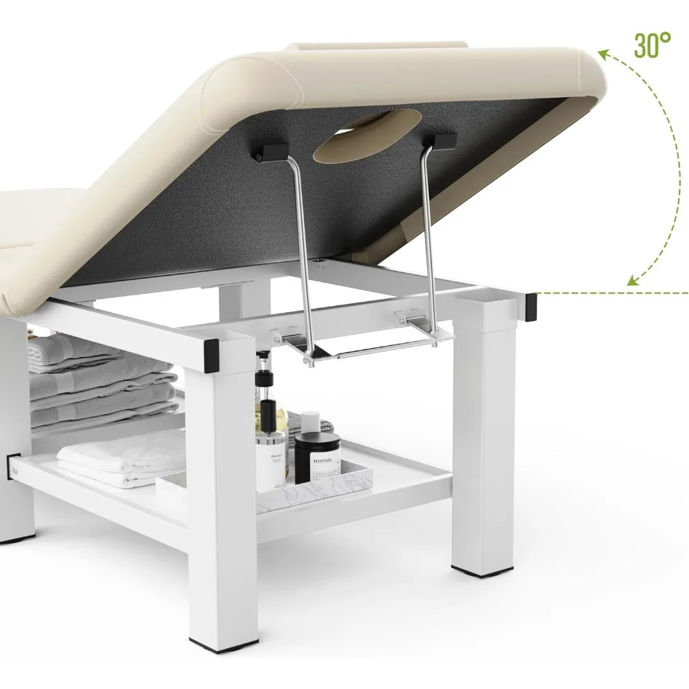 طاولة تدليك ثابتة قابلة للطي بعرض 30.5 بوصة × 75 بوصة مع مسند ظهر ومساحة تخزين لطاولة العلاج